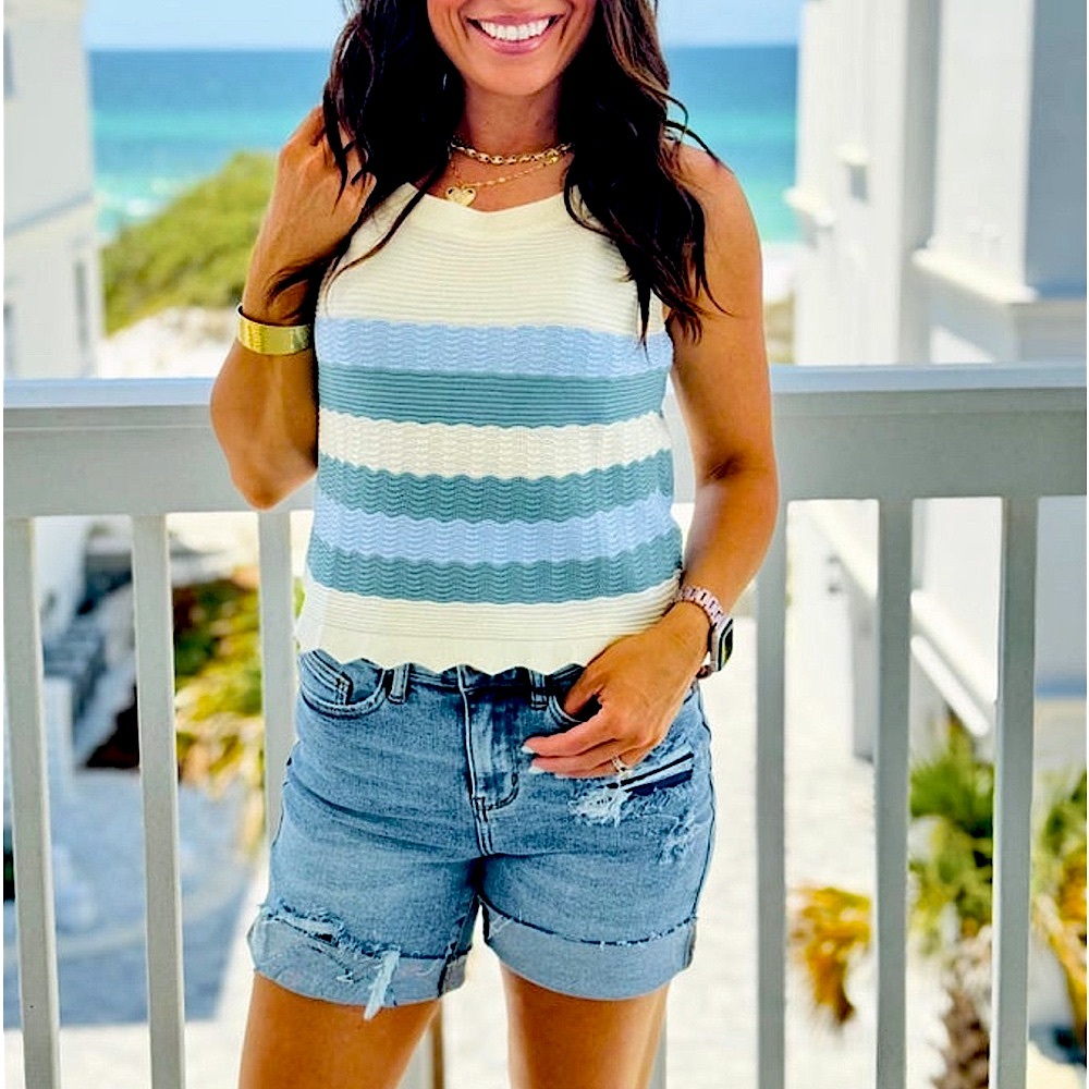 🎉SALE🎉 🆕🩵KORI: BLUE STRIPE Scallop Color Block Sweater Knit Tank MEDIUM